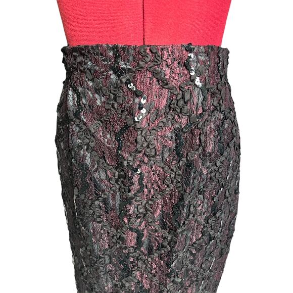 Cathy Hardwick Vintage Size 12 Lace Overlay Sequined Ribboned Pencil Midi Skirt - Picture 2 of 7